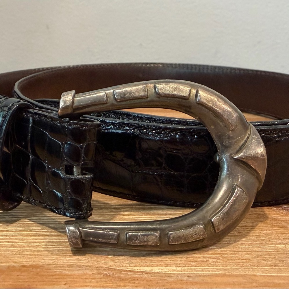 Catherine M Zedah Alligator Blk Leather Belt Sterling Silver Horseshoe Buckle